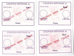 Specimen Sans Valeur - 4 Coupon-réponse France Pour Cours D'instruction - 1,80 2,60 3,30 3,60 F - CRI IRC IAS - Antwortscheine