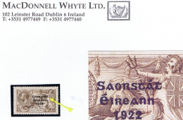 Ireland 1922-23 Thom Saorstát 3-line 2/6d Var "S Over E Corrected" Of Row 9/2 Mint Hinged - Unused Stamps