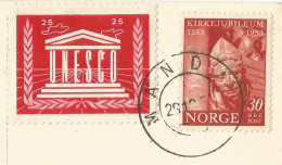 NORWAY - UNESCO 25 ORE CHARITY VIGNETTE ON FRANKED PC (VIEW OF MANDAL) TO BELGIUM - 1953 - Briefe U. Dokumente