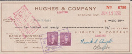 1952. CANADA.  Pair 3 CENTS Georg VI On Check ($ 120.58) From HUGES & COMPANY To BANK OF MONT... (Michel 253) - JF439364 - Storia Postale