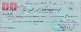 1952. CANADA.  Pair 3 CENTS Georg VI On Check ($ 192.76) From  BANK OF MONTREAL To Receiver-G... (Michel 253) - JF439365 - Briefe U. Dokumente