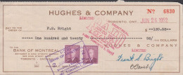 1952. CANADA.  Pair 3 CENTS Georg VI On Check ($ 120.58) From HUGES & COMPANY To BANK OF MONT... (Michel 253) - JF439366 - Cartas & Documentos