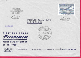 FINLAND- FIRST FLIGHT FINNAIR FROM HELSINKI TO GENEVE*31.10.58* ON OFFICIALE COVER - Storia Postale