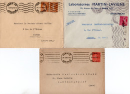 LOT DE  3 LETTRES PARIS OBLITERATIONS 6 TIRETS + ONDULATIONS 5 LIGNES + 7 ONDULATIONS -ANNEES 1931-34-42 - EMA ( Maquina De Huellas A Franquear)