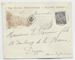 MONACO 40C SEUL BELLE ENVELOPPE COVER ENTETE THE HOTEL METROPOLE MONTE CARLO 29 MARS 1900 POUR DIEPPE - Lettres & Documents