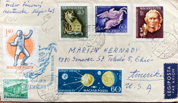 HUNGARY-1959, COVER USED TO USA, SCHILLER POET, INITIALS PORTRAIT & FLYING HORSE, FENCING SPORT, GAME, ROCKET & MODA 6 S - Brieven En Documenten