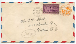 United States 1941 Scott UC3 6c Air Postal Envelope W/ Scott E15a; Berkeley, California To Victoria, B.C., Canada - 1941-60