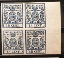 PARMA - PROVE DEL DUCATO DI PARMA - SASS. P1 - 15 C. AZZURRO - 1850/51 BLOCCO NUOVO * DI 4 BORDO DI FOGLIO - FIRMA A.D. - Parme