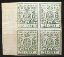 PARMA - PROVE DEL DUCATO DI PARMA - SASS. P2 - 25 C. VERDE - 1850/51 BLOCCO NUOVO * DI 4 BDF - FIRMA A.D. + GOLINELLI - Parme