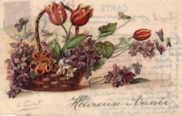 Heureuse Année  " Tulipe - Composition Florale Dans Panier  " Carte Translucide En Celluloid - Cartes Porcelaine