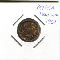 10 Bolivianos / 1 Bolivar 1951 BOLIVIA Coin #AR297.U - Bolivie