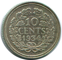 10 CENTS 1934 NIEDERLANDE NETHERLANDS SILBER Münze #AR967.D - 10 Cent