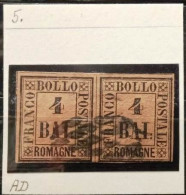 ROMAGNE - SASS 5 - FULVO - COPPIA USATA  4 BAJ -  1859 RARA E  BEN MARGINATA - FIRMA A.D. - Romagna