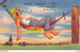 Vintage 1940s Comic Linen Postcard Tichnor First Chance I Get I'm Going Fishing  Man Asleep Hammock BEER - Humor