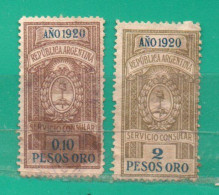 ARGENTINA- Argentinien 1920 - 2 Consular Tax Stamps O Servicio Consular Valor Facial: 0.10 Peso Oro Y 2.00 Pesos Oro - Dienstmarken