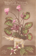 ANIMAUX - ELEPHANT - PORCELAINE - CARTE FANTAISIE, FLEURS "BONHEUR ET PROSPERITE" - Éléphants