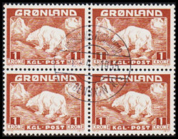 1938. GRØNLAND. Christian X And Polar Bear. 1 Kr. Light Brown. Beautiful 4-block  Cancelled GRØ... (Michel 7) - JF532348 - Usati