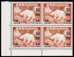 1956. GRØNLAND. Surcharge. 60 Øre/1 Kr. 4-block WITH LOVER LEFT MARGIN. NEVER HINGED. Beautifu... (Michel 38) - JF532349 - Nuovi