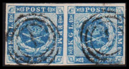 1855. DANMARK. Dotted Spandrels. 2 Skilling Blue In Beautiful Pair. One Stamp With Small Thin S... (Michel 3) - JF532370 - Gebraucht