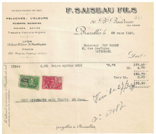 Facture 1928 Bruxelles F. Saiseau Fils Peluches , Velours  TP Fiscaux - Ambachten