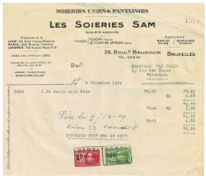 Facture 1929 Bruxelles Les Soieries SAM Soieries Unies & Fantaisies  +  TP Fiscaux - Old Professions