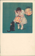 ZANDRINO SIGNED 1920s POSTCARD - KID & BLACK CAT & COLORFUL LANTERNS - N.87/2 (4286) - Zandrino
