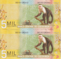 PAREJA CORRELATIVA DE COSTA RICA DE 5000 COLONES DEL AÑO 2012 SIN CIRCULAR (UNC) (MONO-MONKEY)  (BANKNOTE) - Costa Rica