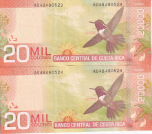 PAREJA CORRELATIVA DE COSTA RICA DE 20000 COLONES DEL AÑO 2012 SIN CIRCULAR (UNC) (COLIBRI)  (BANKNOTE) - Costa Rica