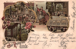 Gruss Aus Dem Bier-Restaurant Stade - Lithographie 1899 (Weisser Saal, Wintergarten, Kaulbach Halle) - Stade