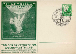 Anlass-Karte Privatpostkarte Ganzsache Frankfurt Am Main Luftschiff Zeppelin LZ 129 Sonderstempel 1938 I-II (fleckig) Di - Exhibitions