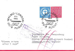 SVERIGE - FIRST DC-9 FLIGHT SAS FROM MALMO TO LONDON * 1.11.1972* ON OFFICIAL ENVELOPE - Cartas & Documentos