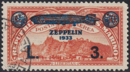 San Marino 1933 - Posta Aerea Zeppelin Soprastampato 3 L. Su 50 C. Arancio Usato Periziato - Sassone N.11 - Usados