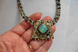 Collier Créateur USA Michal Golan Doré Perles En Cristal Et Amazonite Pendentif Vert Turquoise - Halsketten