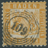 BADEN 22a O, 1862, 30 Kr. Lebhaftgelborange, Nummernstempel 109, Diverse Kleine Mängel, Nicht Repariert, Feinst, Gepr. S - Baden