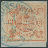 BRAUNSCHWEIG 3 BrfStk, 1852, 3 Sgr. Orangerot, Blauer K2, Prachtbriefstück,Mi. 350.- - Braunschweig
