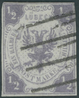 LÜBECK 1 O, 1859, 1/2 S. Dunkelviolettgrau, Kleiner Eckfehler Unten Links Und Obere Rechte Ecke Etwas Knapp Sonst Farbfr - Lubeck