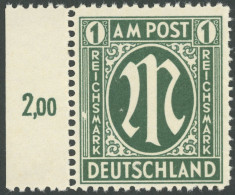 AMERIK. U. BRITISCHE ZONE 35IV **, 1946, 1 RM Dunkelgraugrün Mit Abart Linke Zierlinien Neben SM In Reichsmark Durch Wei - Other & Unclassified