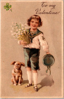 Valentine's Day Young Boy With Dog And Flowers To My Valentine Embossed - Valentinstag