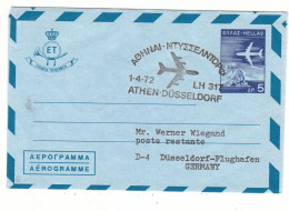 Grèce - Aérogramme De 1972 - Oblit Athen - Vol Lufthansa Athen Düsseldorf - - Cartas & Documentos