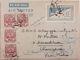 BRITISH INDIA BURMA 1953 UPRATED REDIRECTED 6a AEROGRAMME Air Mail THONGWA - RANGOON To KARAIKKUDI - MADRAS, INDIA - Burma (...-1947)