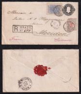Brazil Brasil 1892 Uprated Registered Staionery Envelope PILAR X MEZIDON France - Lettres & Documents