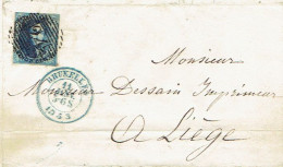 Médaillon N°7 Margé S/LAC Obl P24 (belle Frappe) BRUXELLES (11.01.1853) Vers LIEGE - 1851-1857 Médaillons (6/8)