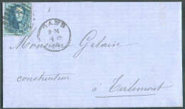 N°15 - Médaillon 20 Centimes Bleu, Obl. 8 Barres P.45 Sur Lettre De GAND Le 4 Déc. 1863 Vers Tirlemont - 20995 Exp : Jad - 1863-1864 Medaillen (13/16)