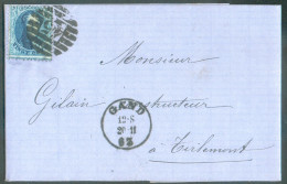 N°15 - Médaillon 20 Centimes Bleu, Obl. 8 Barres P.45 Sur Lettre De GAND Le 20-11-1863 Vers Tirlemont - 20996 - 1863-1864 Medallones (13/16)