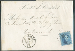 N°15 - Médaillon 20 Centimes Bleu, Obl. LP.91  Sur Lettre De COUILLET Le 26 Août 1865 Vers Tirlemont - 21000 - 1863-1864 Medaillen (13/16)