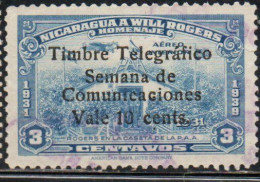 NICARAGUA 1931 1939 SURCHARGED TIMBRE TELEGRAFICO SEMANA DE COMUNICACIONES VALE 10c On 3c USED USATO OBLITERE' - Nicaragua