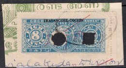 India Travancore State Overprinted On Cochin 1948 Eight Annas Court Fee With Fiscal Cancellation. - Altri & Non Classificati