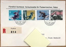 Liechtenstein 1955: Sport II Zu 278-281 Mi 334-337 Yv 296-299 VADUZ 30.VIII.55 >> LES CERLATEZ 31.VIII.55 (Zu CHF 60.00) - Storia Postale
