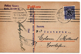 56317 - Deutsches Reich - 1924 - 20Pfg Korbdeckel EF A Kte BERLIN -> Niederlande - Briefe U. Dokumente