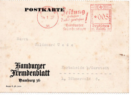 56286 - Deutsches Reich - 1937 - 5Pfg AbsFreistpl A Kte HAMBURG - ... HAMBURGER FREMDENBLATT -> Harbsheide, Etw Stockig - Lettres & Documents